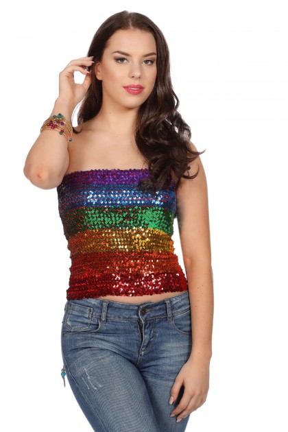 Top/rok pailletten regenboog (one size)