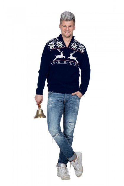 Kersttrui navy met rits reindeer