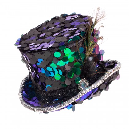 Hoge hoed luxe pailletten peacock (met elastiek)
